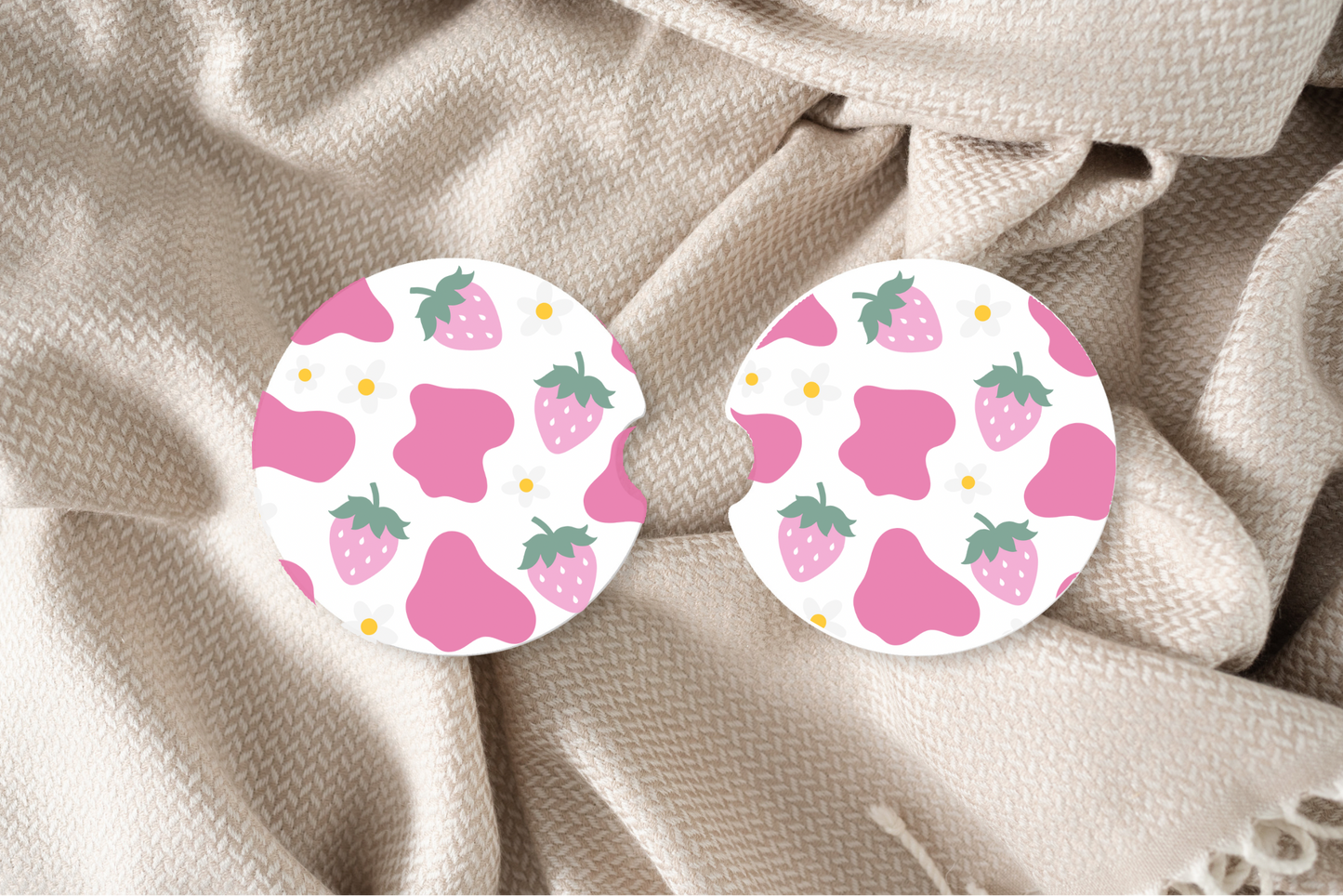 STRAWBERRIES & COW PRINT CAR COASTER SET