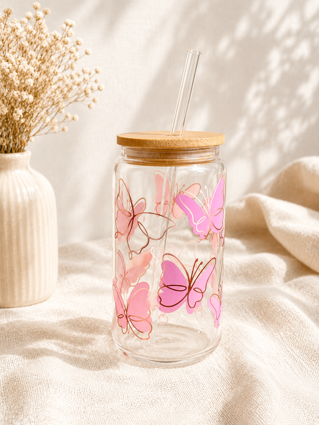 Blush Butterflies Glass Cup