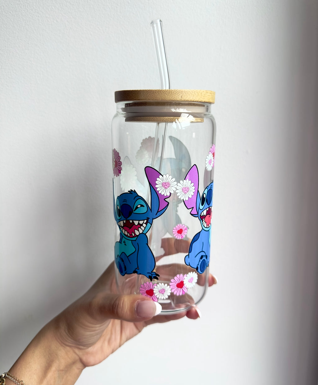 Stitch & Daisies Glass Cup