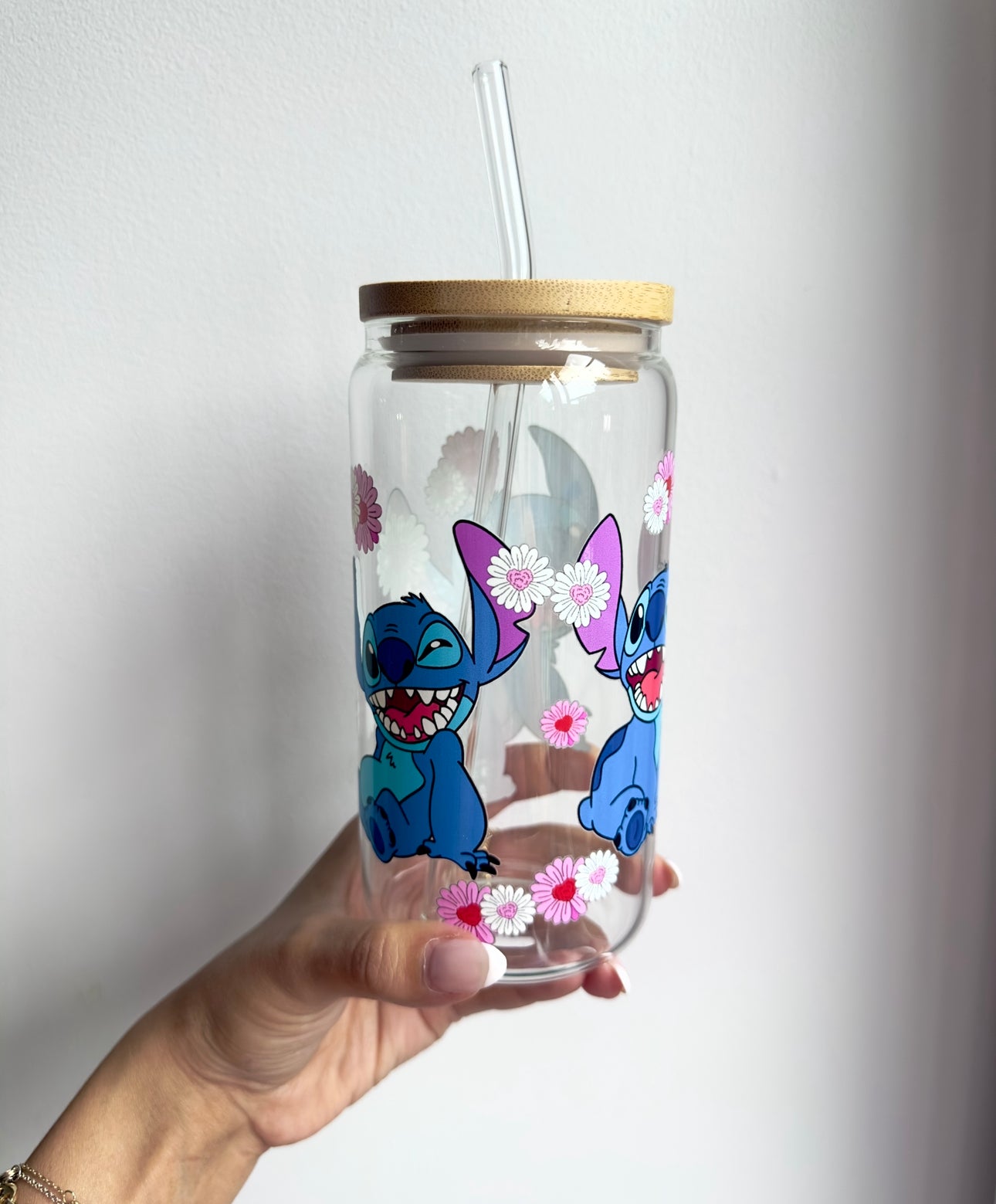 Stitch & Daisies Glass Cup