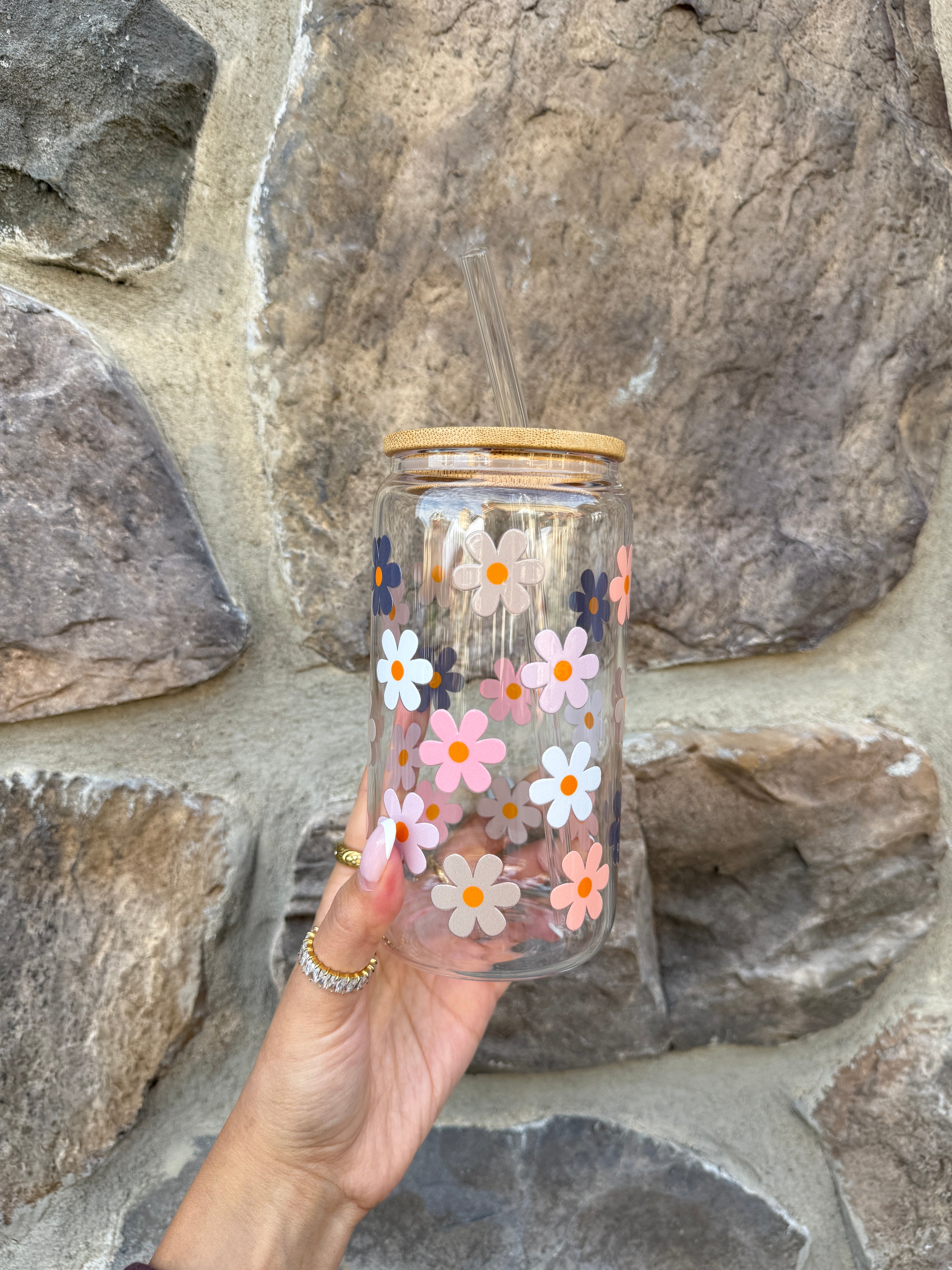 Retro Flowers Glass Cup