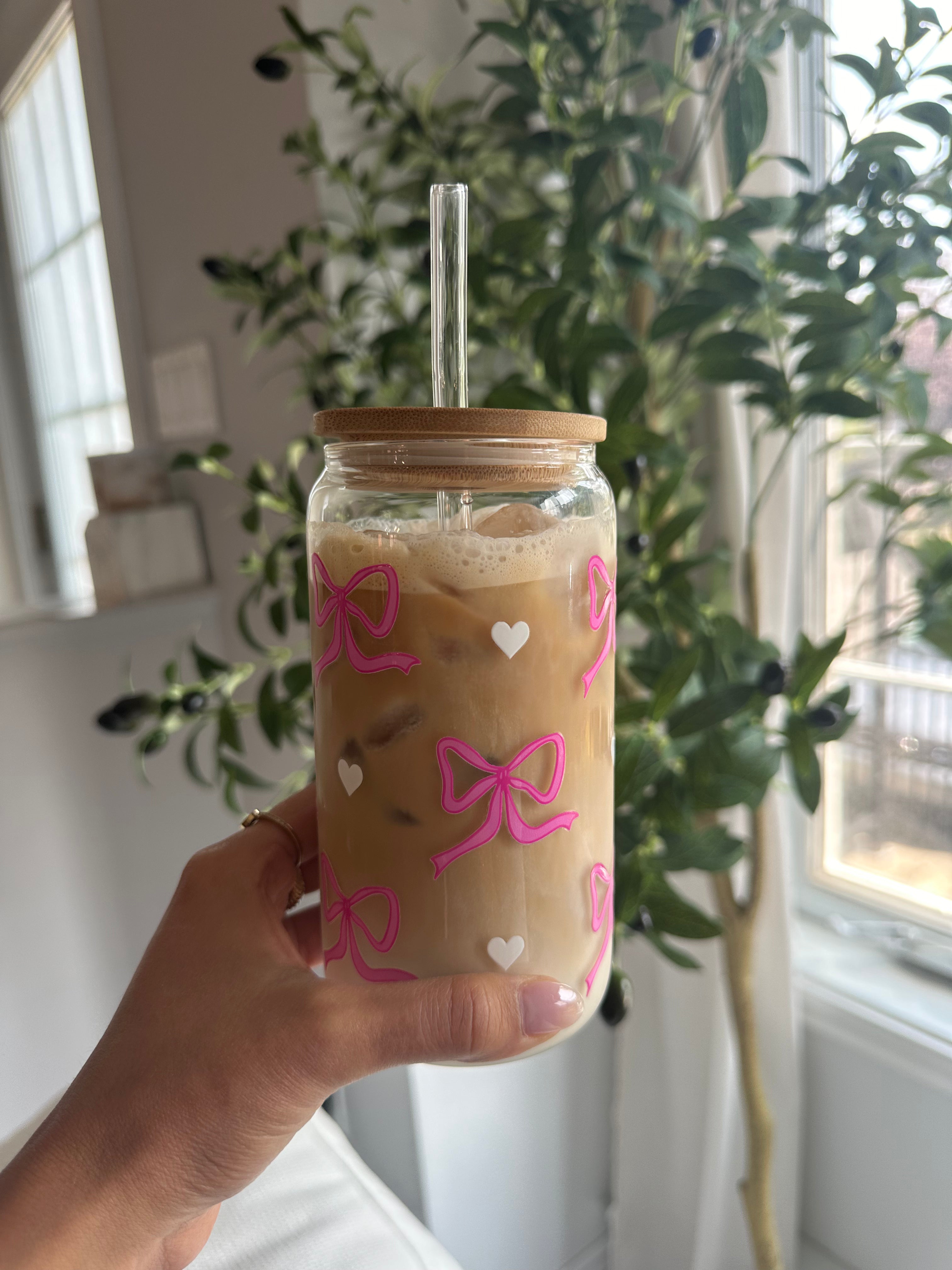 Pink Bows & Hearts Glass Cup