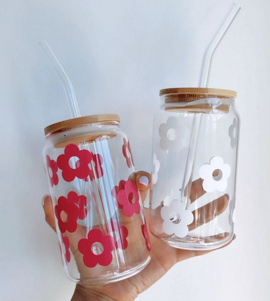 WHITE / HOT PINK RETRO FLOWERS GLASS