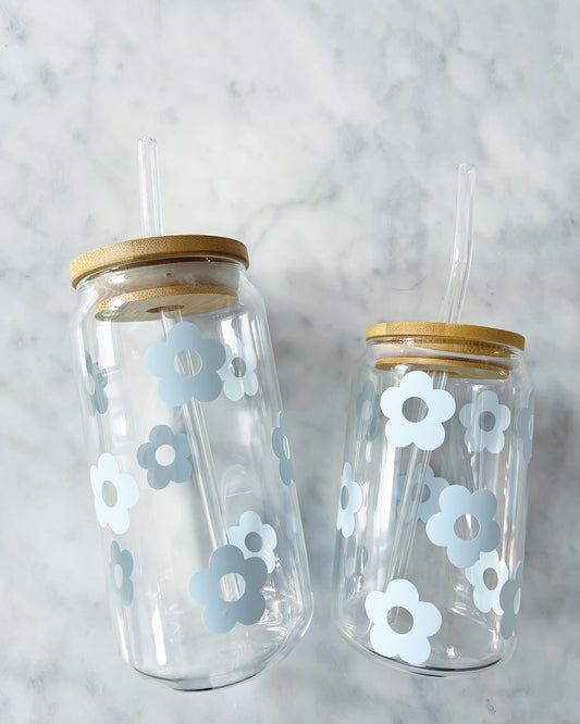 LIGHT BLUE RETRO FLOWERS GLASS