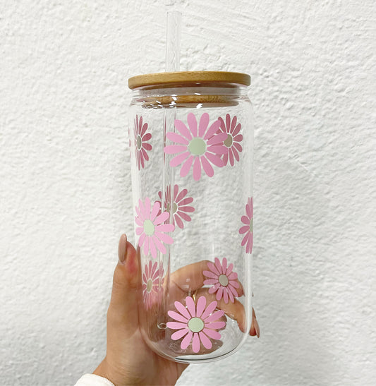 LIGHT PINK & MINT DAISIES GLASS